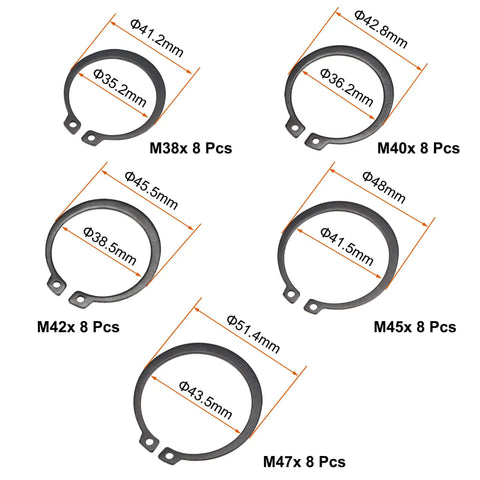 External Retaining Ring Kit 88 Pcs 11 Sizes Carbon Steel Snap Ring Assortment with measurements for shaft applications