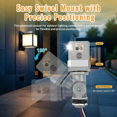Two Pack No Fuss Photocell Sensor For Outdoor Lights, 120VAC Dusk To Dawn Switch with swivel mount in outdoor setting