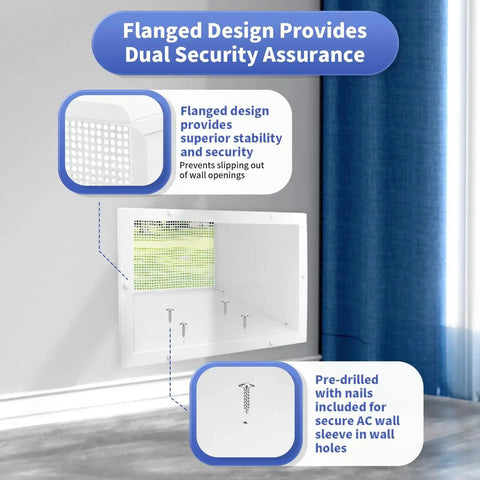 26 Inch PTAC Wall Sleeve with decorative frame and ventilation mesh backplate, shown with flange design and pre-drilled installation holes.