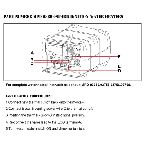 Water heater thermal cut-off kit diagram showing internal components and wiring labeled A-F