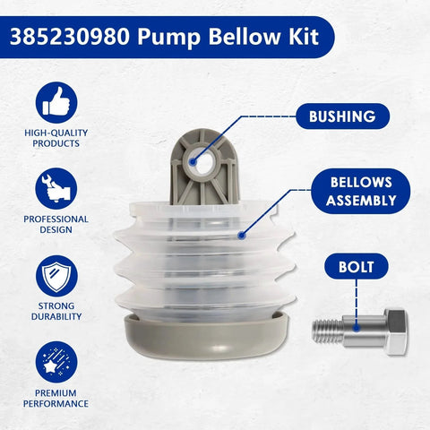 Toilet Pump Bellow Kit For Dometic Sealand VG VHT Series Vacuflush S Series J Series Vacuum Pump And T Series Discharge Pump Includes Bushing And Bolt 385230980 Easy Install And Durable Replacement Seal Kit displayed with bolt and bushing.