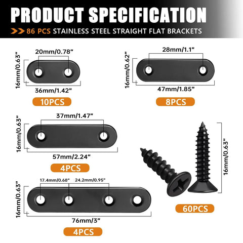 86 Pieces Black Flat Metal Bracket Set Mending Plates Stainless Steel Flat Brace Brackets Fixed Connecting Plate dimensions