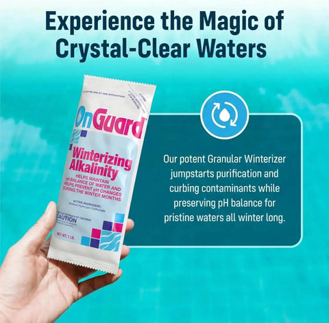 Winterizing Kit For Pools Up To 12,000 Gallons Fits Above Ground And In Ground Pools packet held against pool water