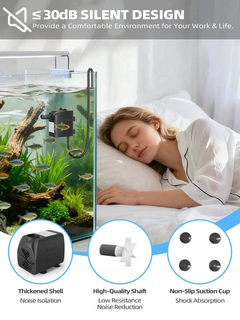 Woman sleeping peacefully near aquarium with Ultra Quiet 400GPH Submersible Water Pump For Pond, Fountain, Aquarium, And Hydroponics.