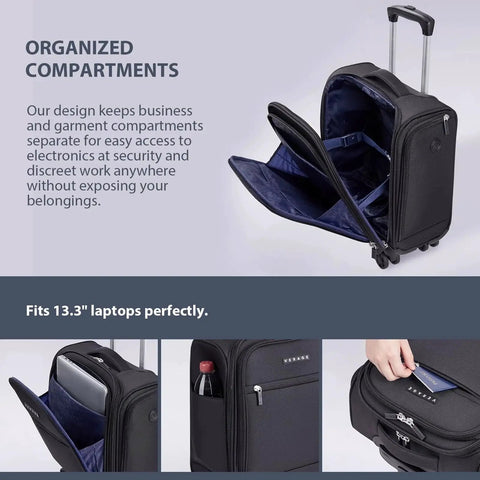 Underseat Carry On Luggage With Wheels Softside Lightweight Travel Bag For Men And Women 14.5 Inch Spinner Black compartments