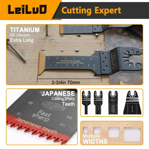 156 Piece Multitool Blade Kit For Oscillating Tools with titanium and Japanese tooth blades showcased with measurements.