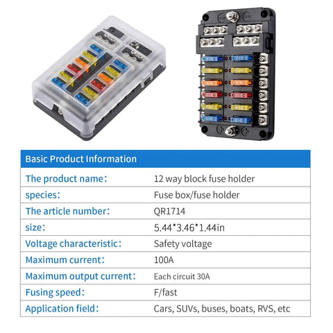 Rugged 12 Way 12V Fuse Box With LED Indicator Waterproof Cover And Ground Bus, showing internal fuses and secure cover.