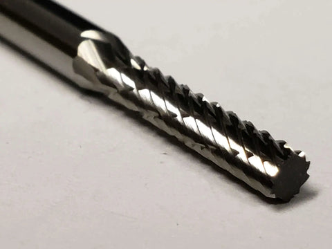 Close-up of Three Thirty Second Inch SA42 Cylinder Bur Double Cut Solid Carbide for precision stock removal and smooth finishing on metals