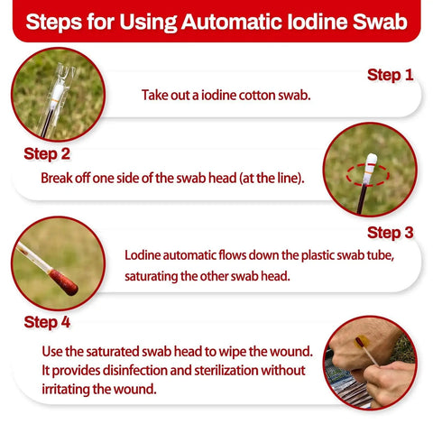 Steps for using iodine swab from Grab and Go 152 Piece Small First Aid Kit TSA Approved for Travel and Outdoors Ultra Compact Medical Supplies Set