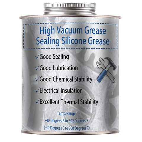 8 oz can of high vacuum silicone grease with blue label and temperature range -40°F to 392°F.