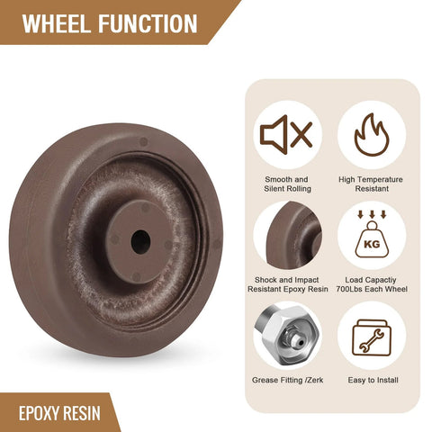 Brown epoxy-resin caster wheel with hi-temp nylon/glass tire, 4in x 1.5in, for ovens and dryers