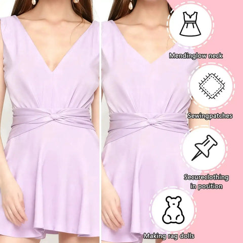 Woman in a lilac dress with illustrations showing mending low neck, sewing patches, securing clothing, and making rag dolls.