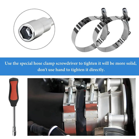 4 Pack Stainless Steel T-Bolt Hose Clamp Set for 3 Inch Hoses installed on engine, includes screwdriver for secure leak prevention