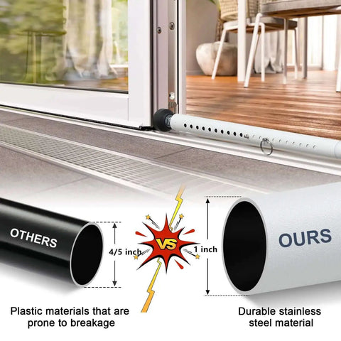 Adjustable Sliding Door Security Bar 17.5 To 50 Inches, showing 1-inch durable steel bar installed on sliding door vs. plastic bars