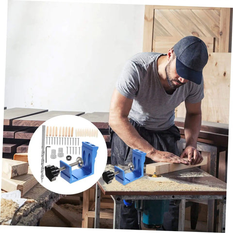 Woodworker using Pocket Hole Jig Handy Woodworking Tool For DIY Carpentry Easy To Use For Cabinets And Furniture Assembly