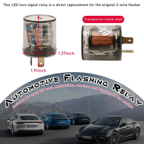 2 Pin 12V LED Flasher Relay with copper coil, shown in close-up with dimensions, for turn signals in vehicles, fixes LED flicker, 20A