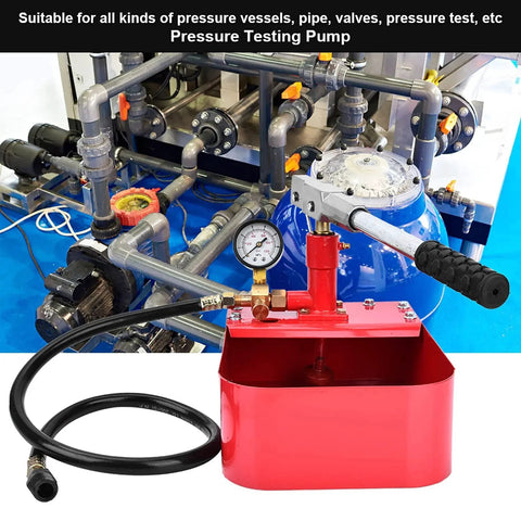 Rugged 1000 PSI Manual Hydraulic Pressure Test Pump For Pipes And Valves, shown with long leverage handle and gauge in industrial setting