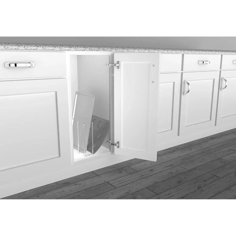 Open cabinet with U-Shaped Wire Tray Divider for baking and cookie sheets, chrome finish, 3.25 inch face opening, platters separated inside.