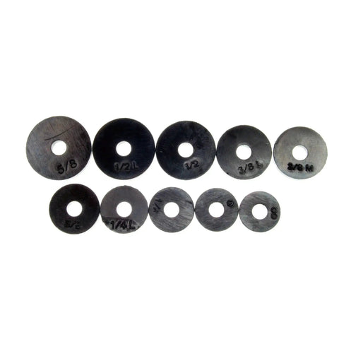 Assorted Flat Washer Pro Set In Black, 100 Piece Plumbing Repair Kit with various inch and metric rubber washers on white background