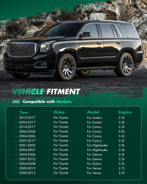 Black SUV parked on rocky terrain, fitment chart for compatibility with Toyota Camry, Avalon, Highlander, Sienna, Lexus models listed below.