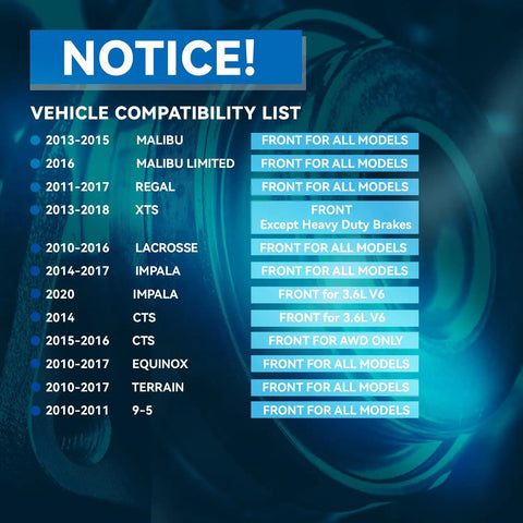 Vehicle compatibility list for Front Wheel Bearing Hub Assembly Fits Chevy Malibu 2013 to 2015 and Impala 2014 to 2017