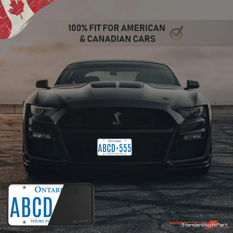 Silicone License Plate Frame Durable For Front And Rear Universal No Obstruction Anti Rattle Anti Scratch Must Have Weatherproof Rust Proof Street Legal Car Accessory installed on black car front with Ontario plate.