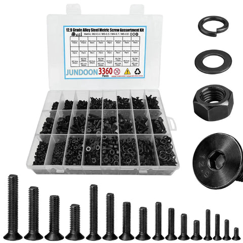 3360Pcs M2 M3 M4 M5 Screws Set With Countersunk Hex Socket Head Cap Screws Nuts Flat Washers And Lock Washers 12.9 Grade Alloy Steel