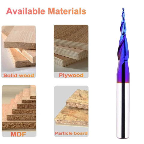 Pro Grade Ball Nose CNC Router Bit For Wood Carving And Engraving with various wood materials like solid wood, plywood, MDF, and particle board