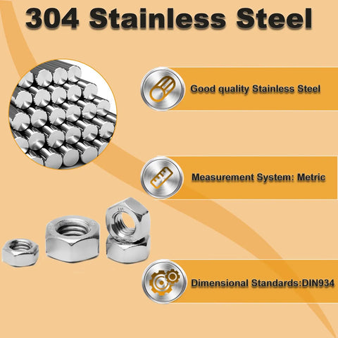 50 Pack M6 Hex Nuts Stainless Steel 304 With Hex Drive Metric M6x1 Threads DIN934 Right Hand Replacement Fasteners