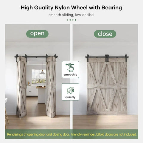 64-Inch Bi-Fold Sliding Barn Door Hardware Track Kit With Side Mounted Black J Shape Rollers shown in open and closed position