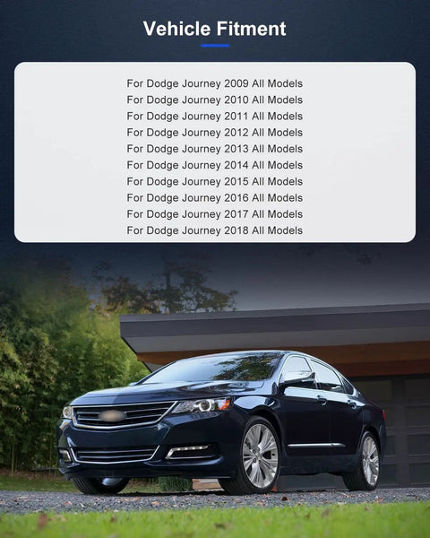 Vehicle fitment chart showing compatibility for Dodge Journey models from 2009 to 2018 over a garage with a black sedan parked.