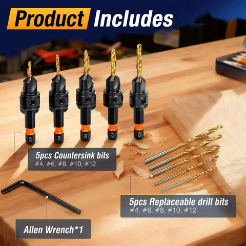 Woodworking Pro 11-Piece Titanium Coated Countersink Drill Bit Set With Quarter Inch Hex Shank displayed with components.
