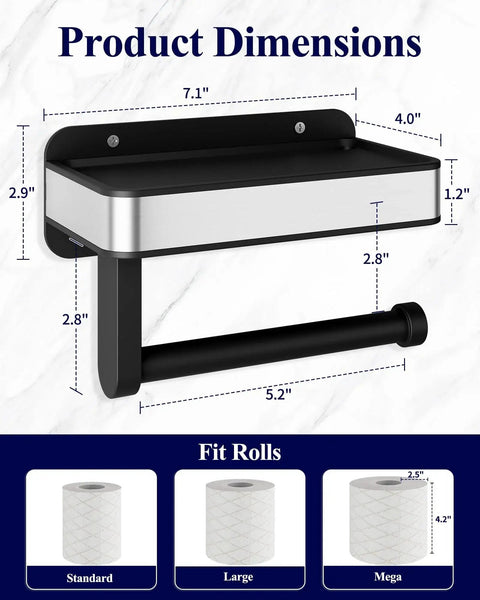 Toilet Paper Holder With Top Shelf And Phone Storage Adhesive And Screw Wall Mount Matte Black Bathroom Organizer For Washroom And RV Space Saving 7 Point 1 Inch Wide, dimensions diagram.