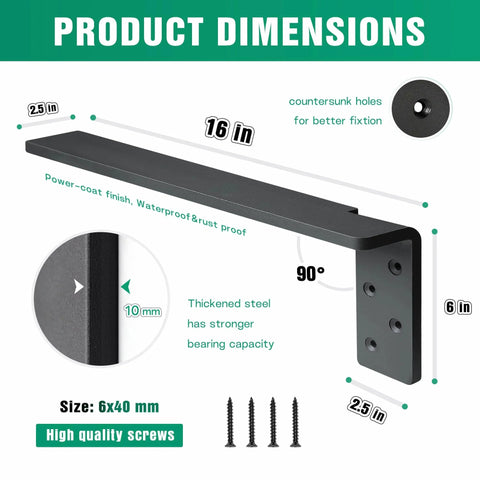 Free Hanging Side Wall Floating Shelf Bracket 3 Pack, 16 Inch dimensions and features, heavy duty steel, waterproof rustproof
