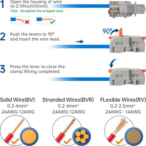 20Pcs Mini Electrical Wire Connectors For DIY Splicing Into 4 6 8 9 10 Way Butt Terminal Blocks instructions showing wire insertion and types.