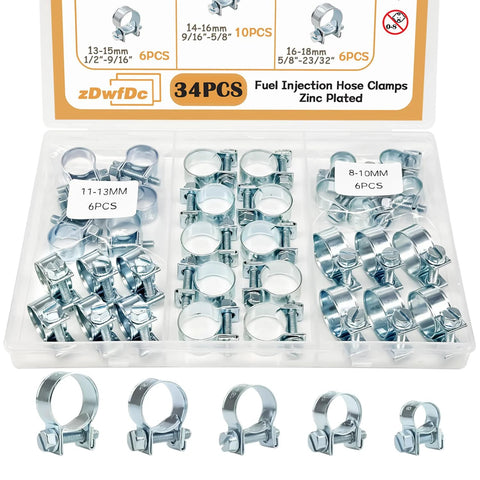 zDwfDc 34PCS zinc-plated fuel injection hose clamp kit with 1/4, 5/16, 3/8 in clamps in plastic case.