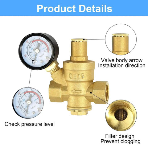 Half Inch Water Pressure Regulator Valve With Gauge For Home Plumbing, Heavy Duty Brass Adjustable Water Pressure Reducer