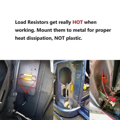 Four Aaron 50W 6Ω automotive load resistors, orange metal blocks wired into car turn-signal circuits (installed).