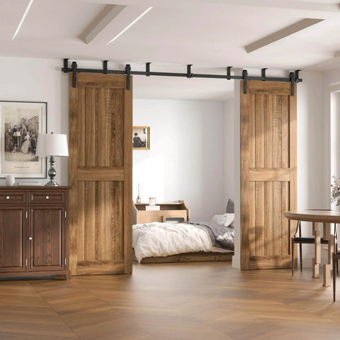 Room with doors showing Black 7 Ft Ceiling Mount Sliding Barn Door Hardware Kit With L Shape Brackets For Low Ceiling Spaces