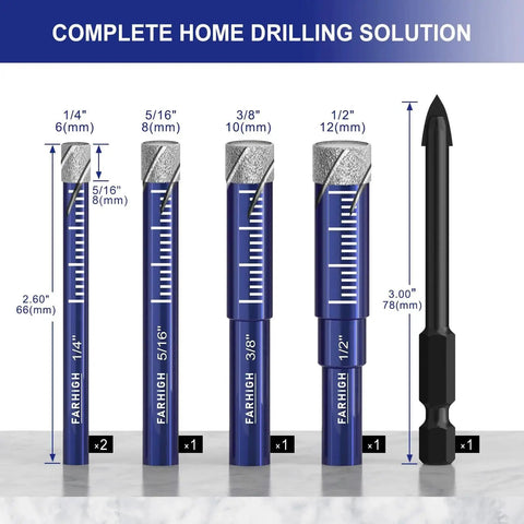 Six Piece Diamond Drill Bit Set For Porcelain Tile Ceramic Glass Granite Concrete Masonry Stone With Pro Grade Industrial Diamond Grit And Titanium Tungsten Alloy Bits displayed with measurements.