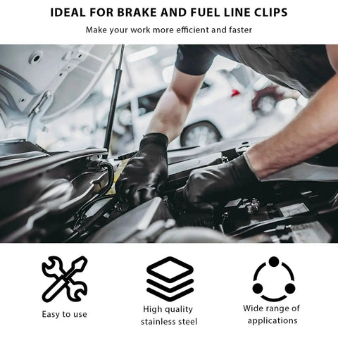 Mechanic using Heavy Duty Stainless Steel Double Line Clamp Set For Three Eighths Inch Brake And Fuel Lines With Mounting Screws 12 Piece FSTURIOS