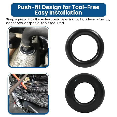 Valve Cover Breather Grommet Set for 1.25 Inch Filler Breather Holes 2 Pack With 0.75 and 1 Inch Inner Diameters Oil and Heat Resistant PVC Cover Grommets Fits SBC BBC SBF Chevy Ford V8 Engines Universal Valve Cover Vent System installed view and close-up