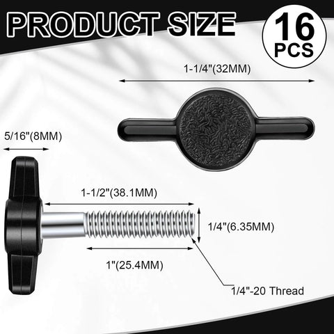 16 Pack Stainless Steel Thumb Screws With Adjustable Tee Wing Plastic Knobs For Quick Hand Tightening And Removal Quarter Inch Thread Twenty Threads Per Inch Black Wing Knobs For Clamps Power Supplies And Mechanical Assemblies, side view illustration showing measurements.