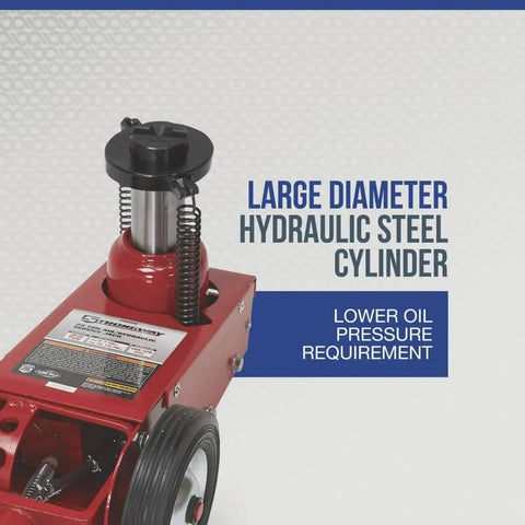 Close-up of 22 Ton Quick Lift Air Hydraulic Service Floor Jack with large diameter hydraulic steel cylinder.