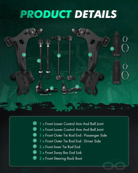 Front view: 10pc SCITOO front suspension kit for 2013–2018 Ford Escape, includes lower control arms, tie rods, sway bar links.