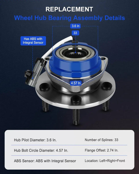 Front Wheel Hub Bearing Assembly 5 Lug With ABS OE 513179 technical diagram with measurements and ABS sensor details.