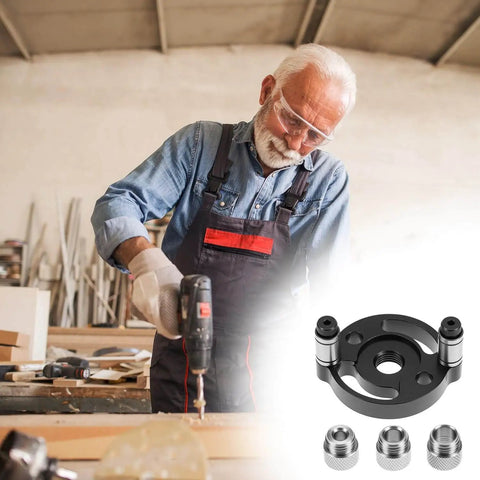 Self Centering Doweling Jig With Straight Hole Guide For Precise Woodworking Including 6mm 8mm And 10mm Bushings shown in use by craftsman