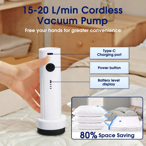 Portable Cordless Vacuum Pump For Storage Bags With 6.0 KPa Power USB Rechargeable Travel Air Sealer on bed.