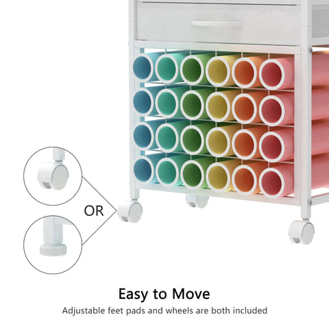 Partial view of Ultimate Cricut Organizer And Rolling Storage Cart With 24 Vinyl Roll Holders, and interchangeable feet or wheels.