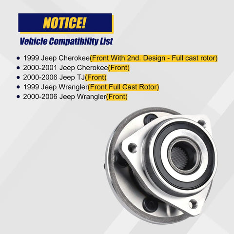 513158 Front Wheel Bearing and Hub Assembly For Jeep Wrangler and Cherokee Front End 1999 Through 2006 5 Lug Replacement Hub Bearing shown
